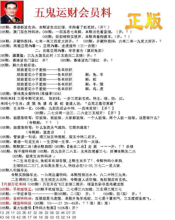 六合彩085期正版五鬼运财会员料