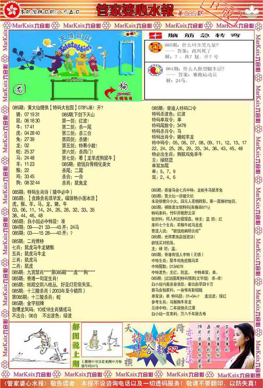 六合彩085期管家婆心水报B