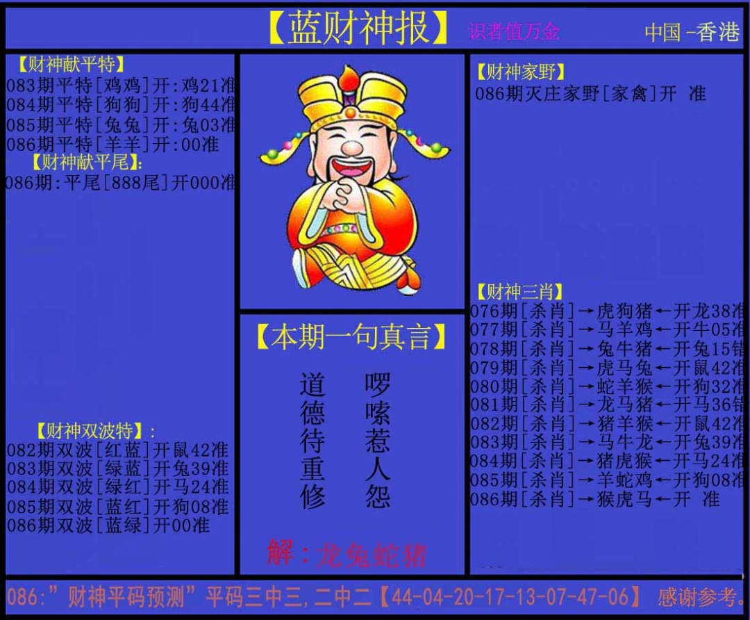 六合彩086期蓝财神