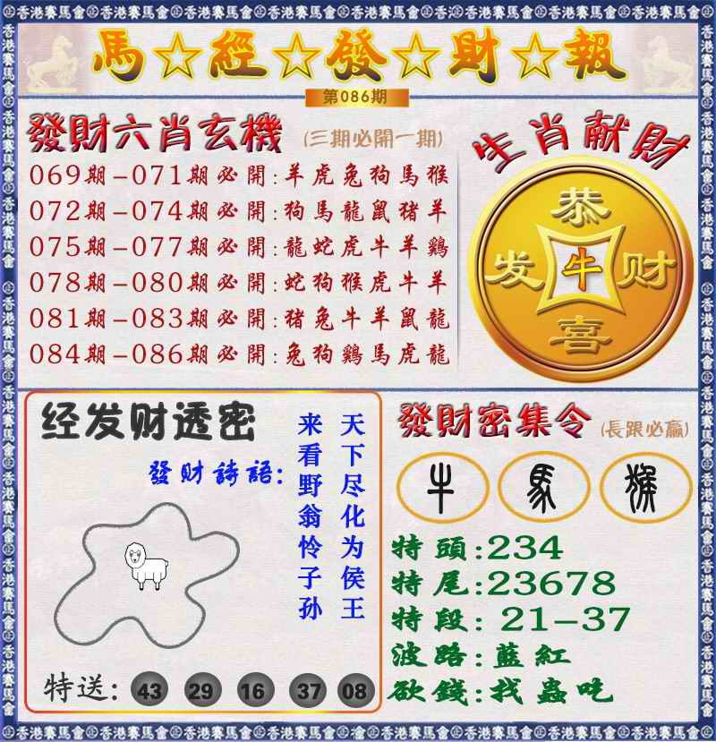 六合彩086期马经发财报（荐）