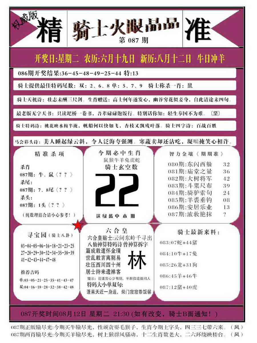 六合彩087期骑士火眼晶晶b