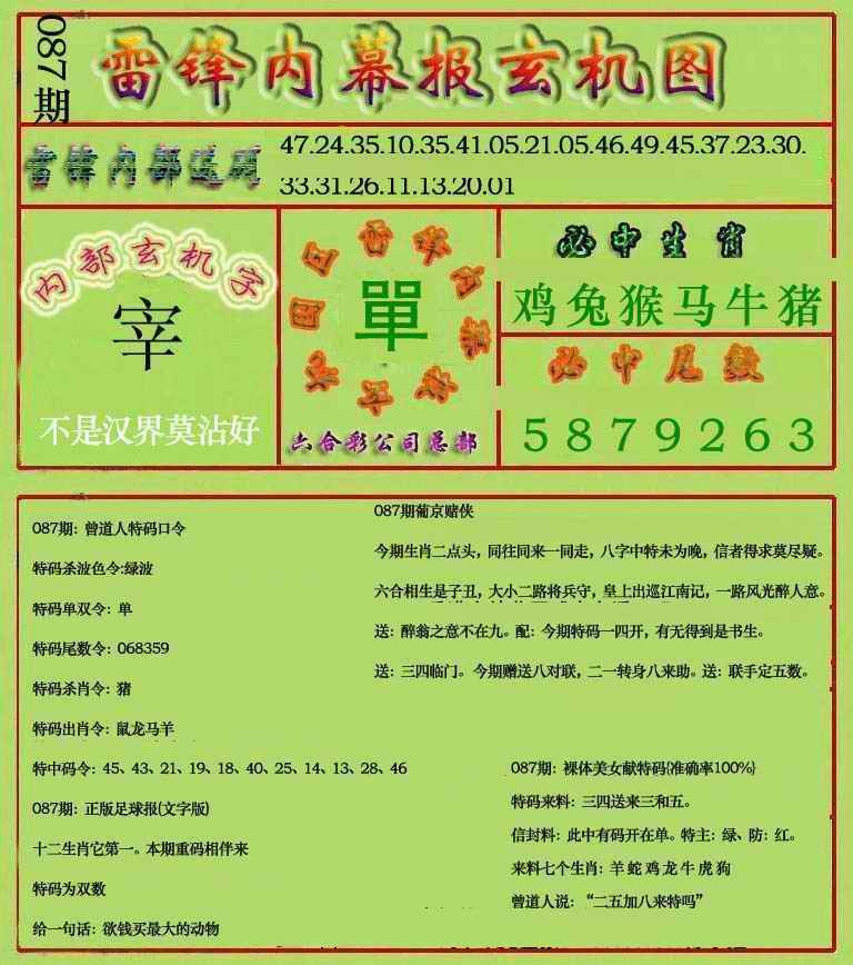 六合彩087期雷锋玄机报(新上市)