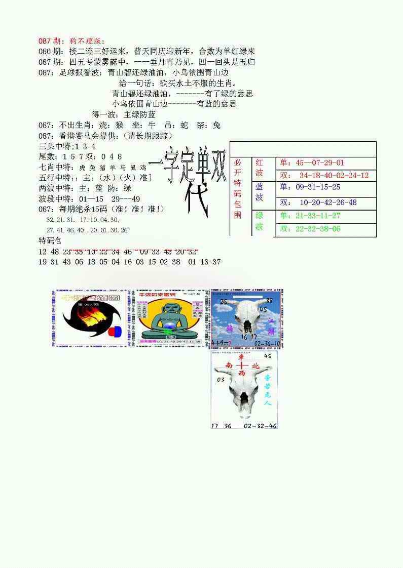 六合彩087期狗不理特码报