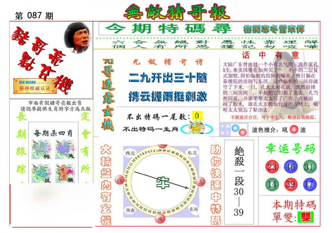六合彩087期无敌猪哥报