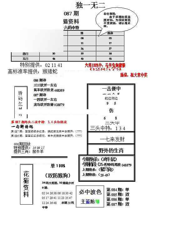 六合彩087期独一无二