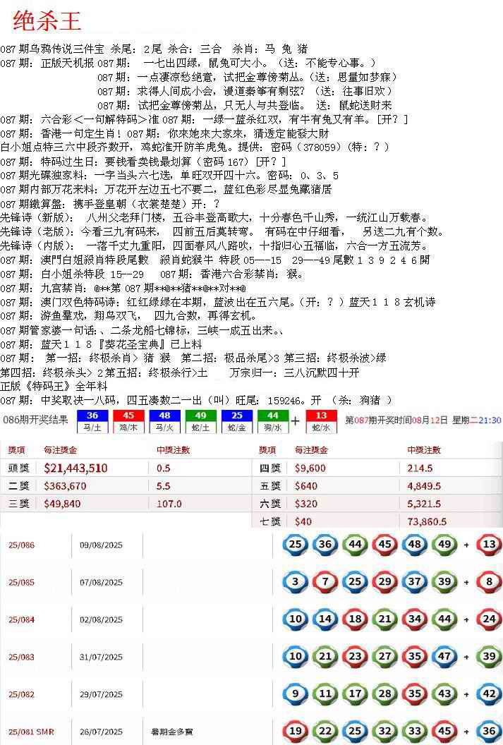 六合彩087期蓝天报B