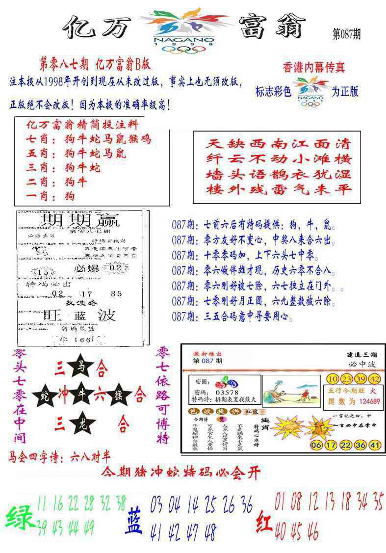 六合彩087期亿万富翁B