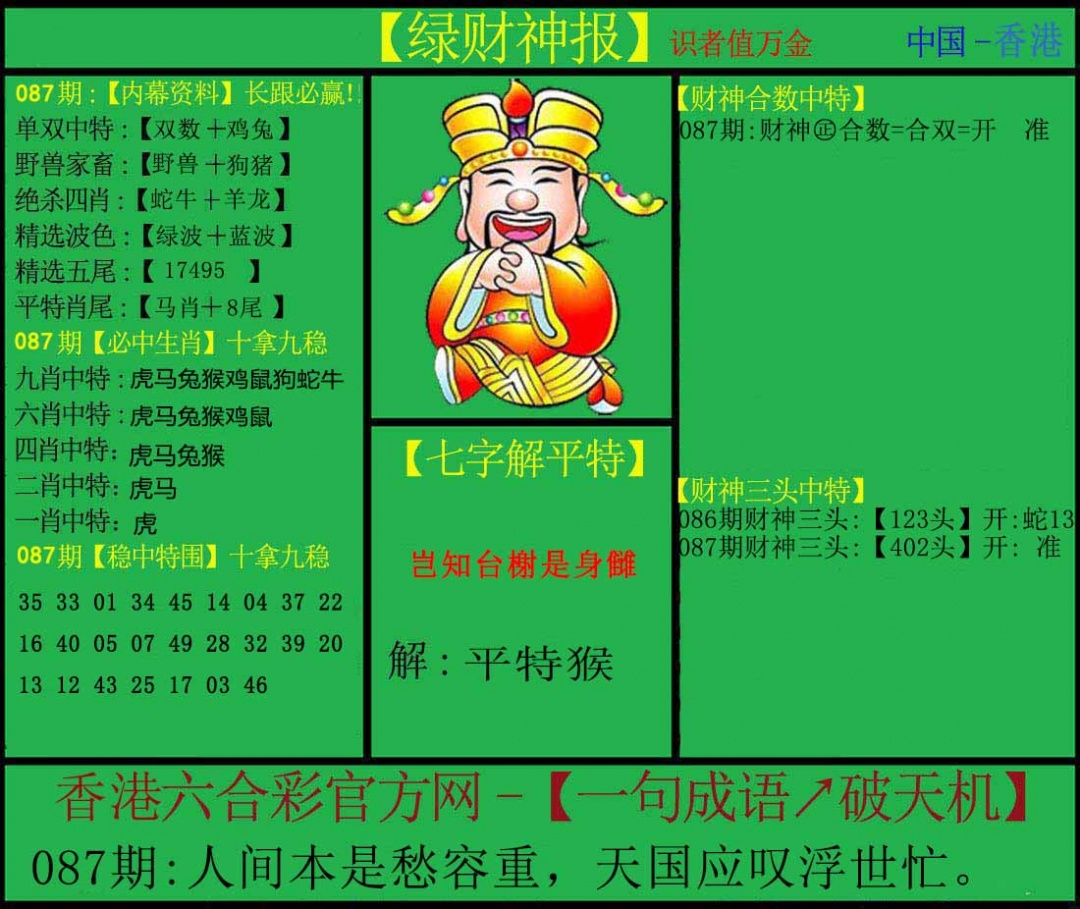 六合彩087期绿财神