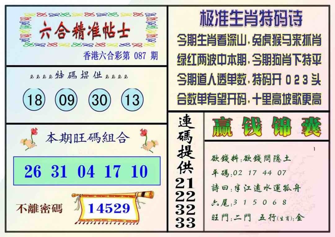 六合彩087期精准贴士