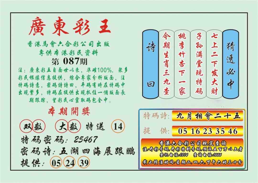 六合彩087期广东彩王