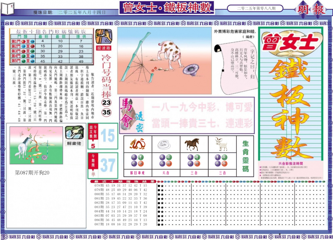六合彩088期曾女士铁板神数A