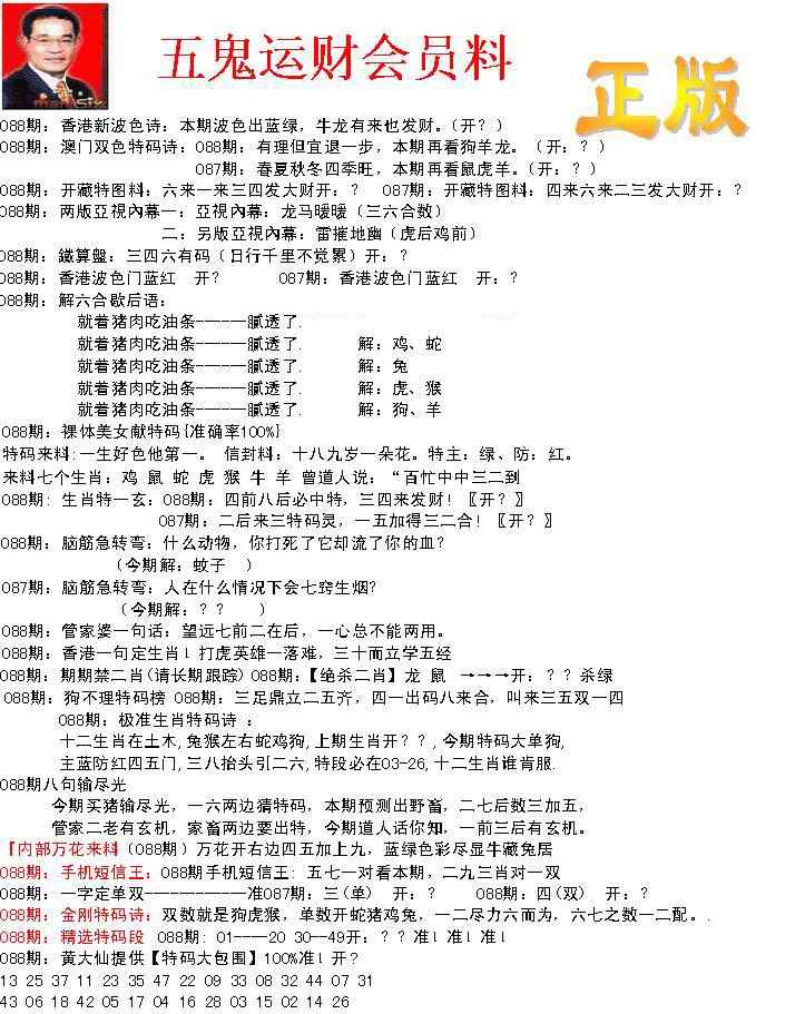 六合彩088期正版五鬼运财会员料