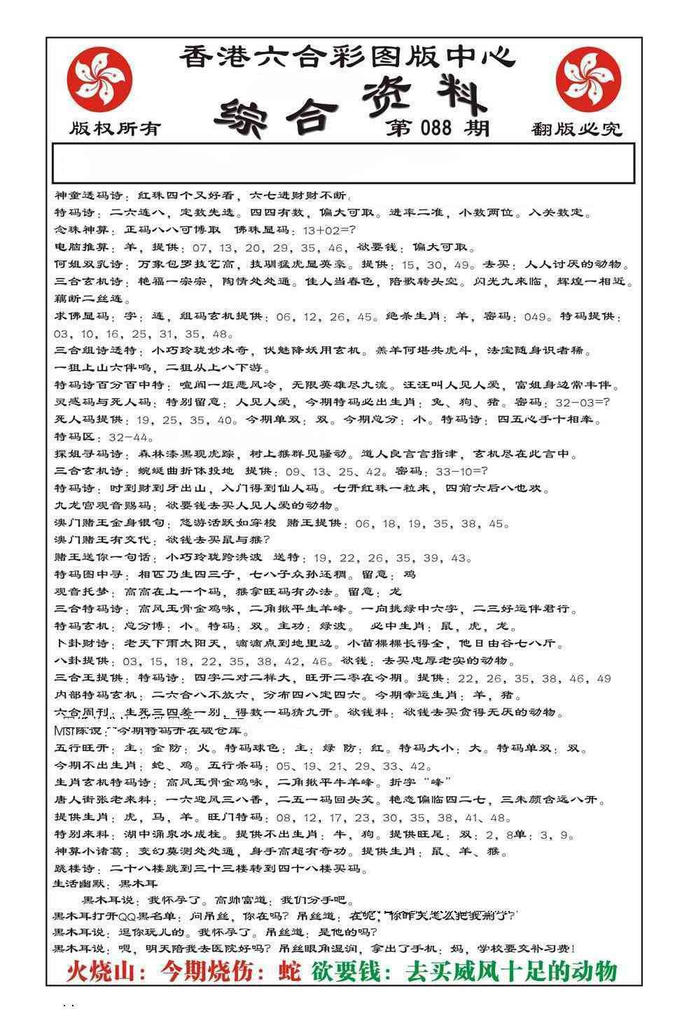 六合彩088期内部综合资料(特准)