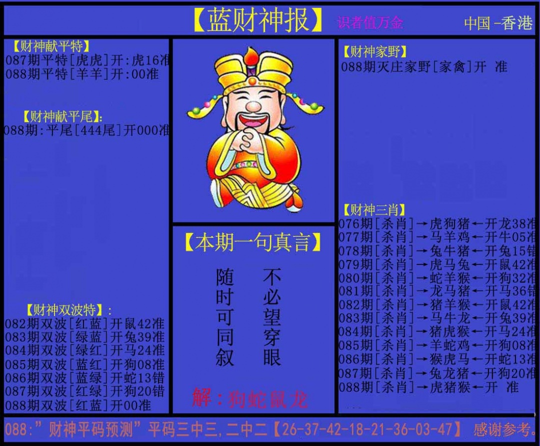 六合彩088期蓝财神