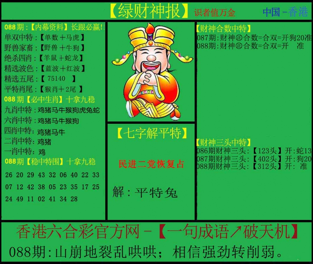 六合彩088期绿财神