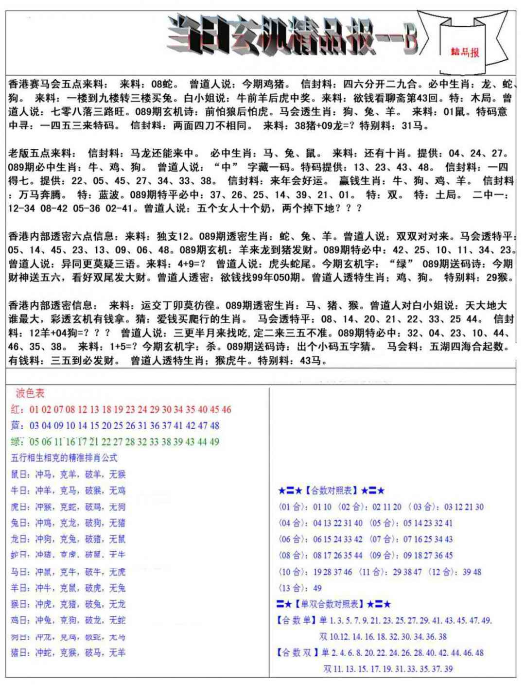 六合彩089期当日玄机精品报B