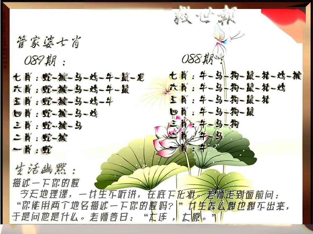 六合彩089期特码救世报