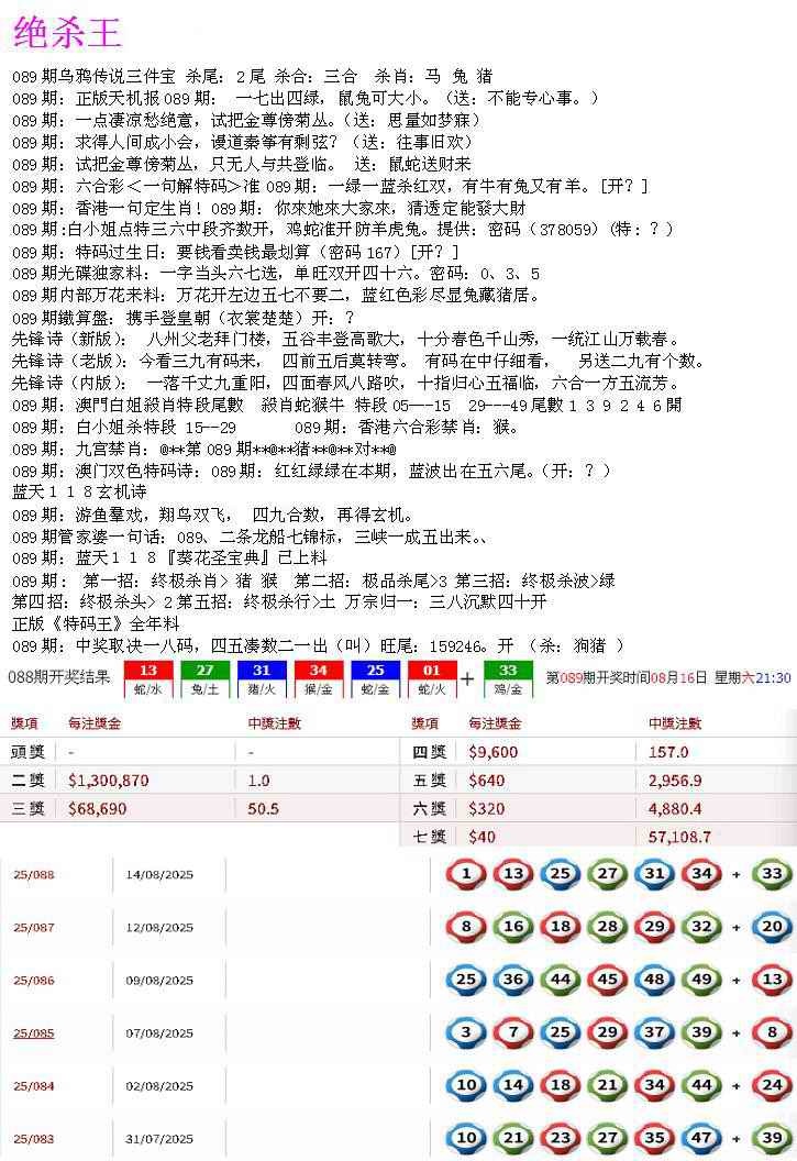 六合彩089期蓝天报B