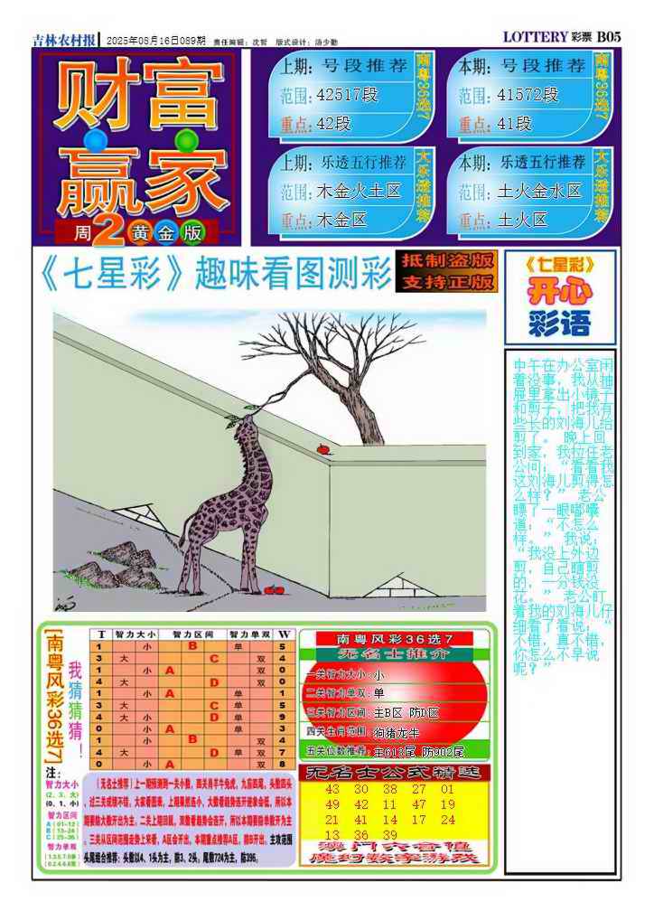 六合彩089期财富赢家（七星彩）
