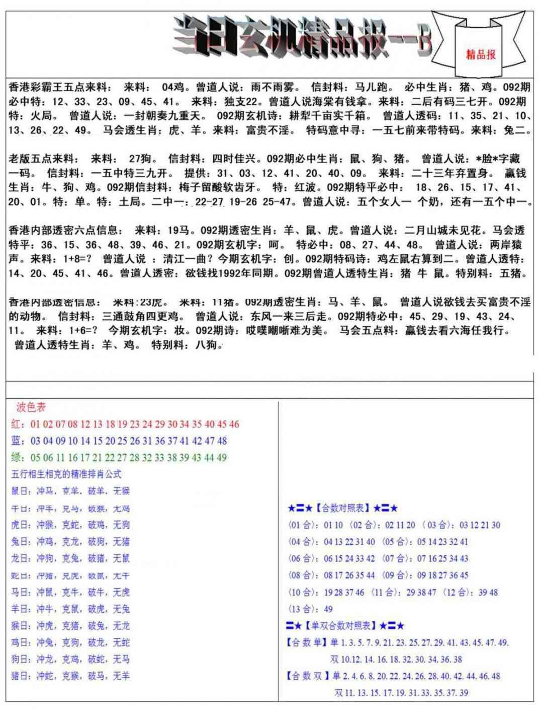 六合彩092期当日玄机精品报B
