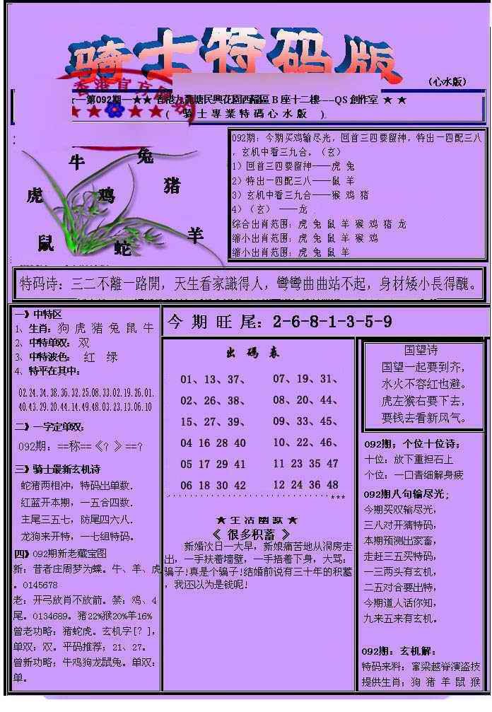 六合彩092期另骑士特码版