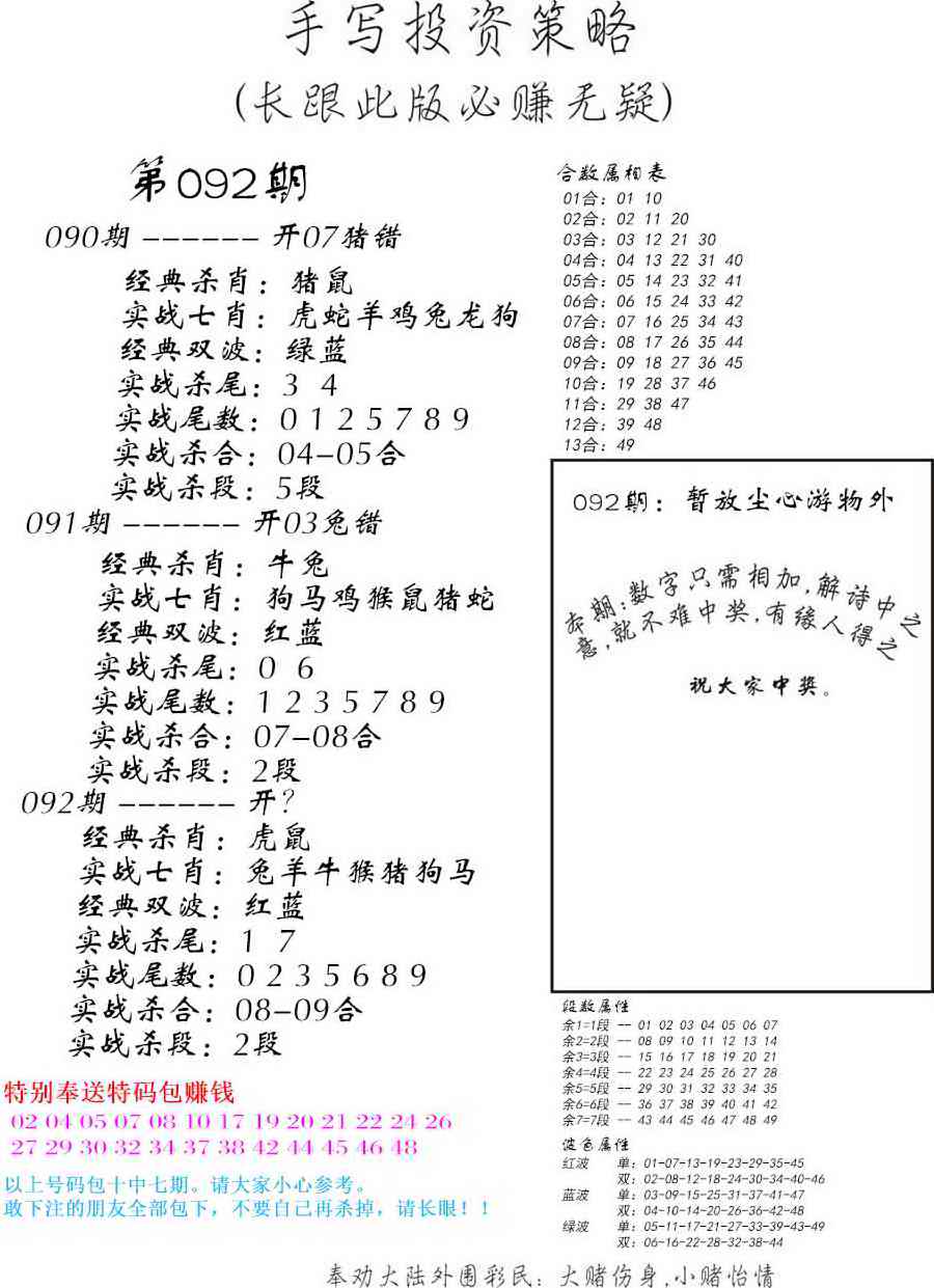 六合彩092期手写投资策略