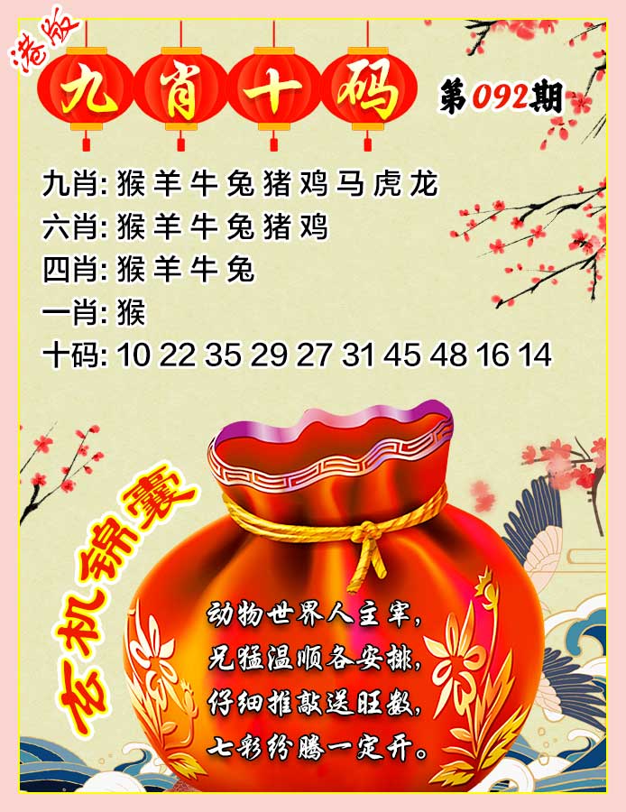 六合彩092期九肖十码