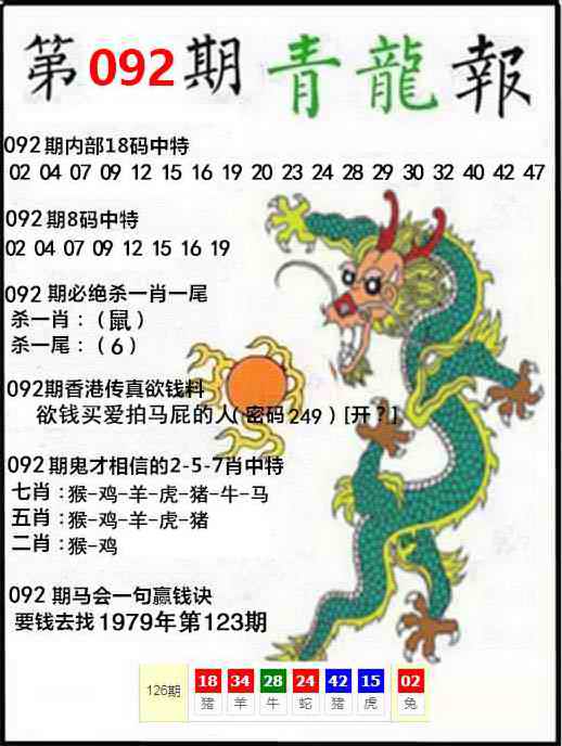 六合彩092期青龙报