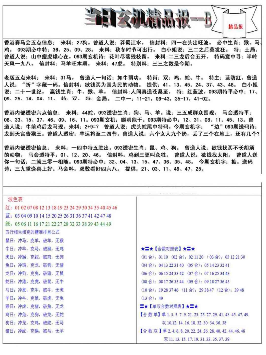 六合彩093期当日玄机精品报B