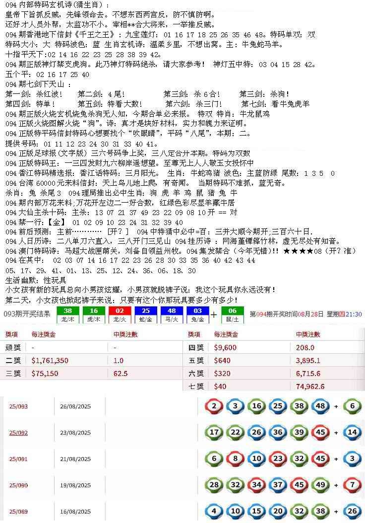 六合彩094期五星报B