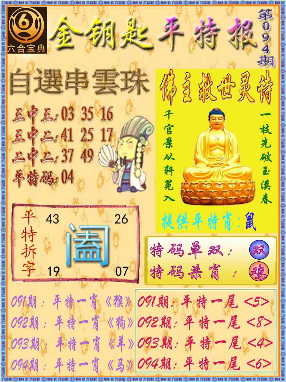 六合彩094期金钥匙平特报