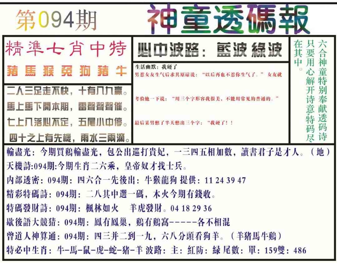 六合彩094期神童透码报(正版)