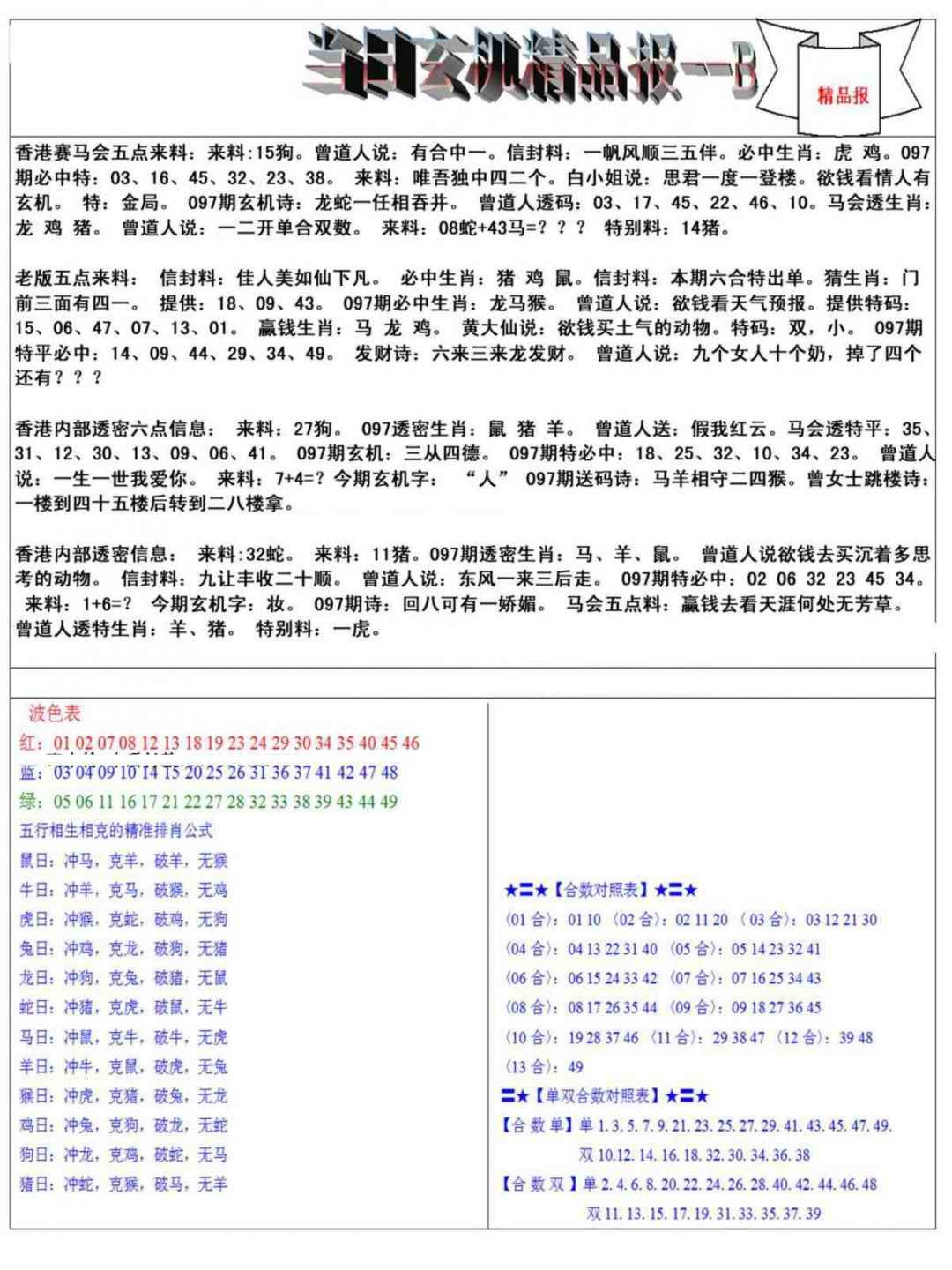 六合彩097期当日玄机精品报B