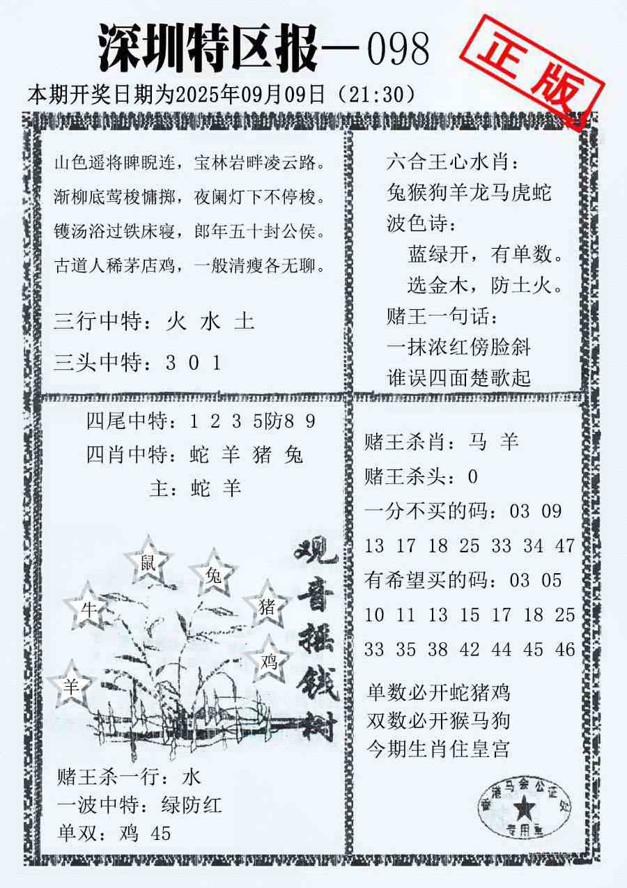 六合彩098期深圳特区报A