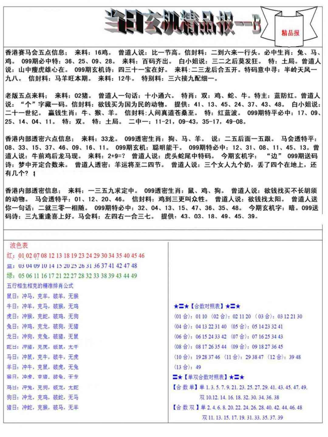 六合彩099期当日玄机精品报B