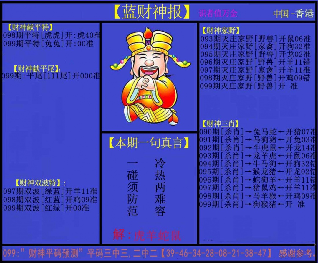 六合彩099期蓝财神